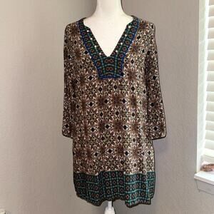 Shift Dress Women Medium Multi Geometric Print V-Neck Pullover Boho Resortwear
